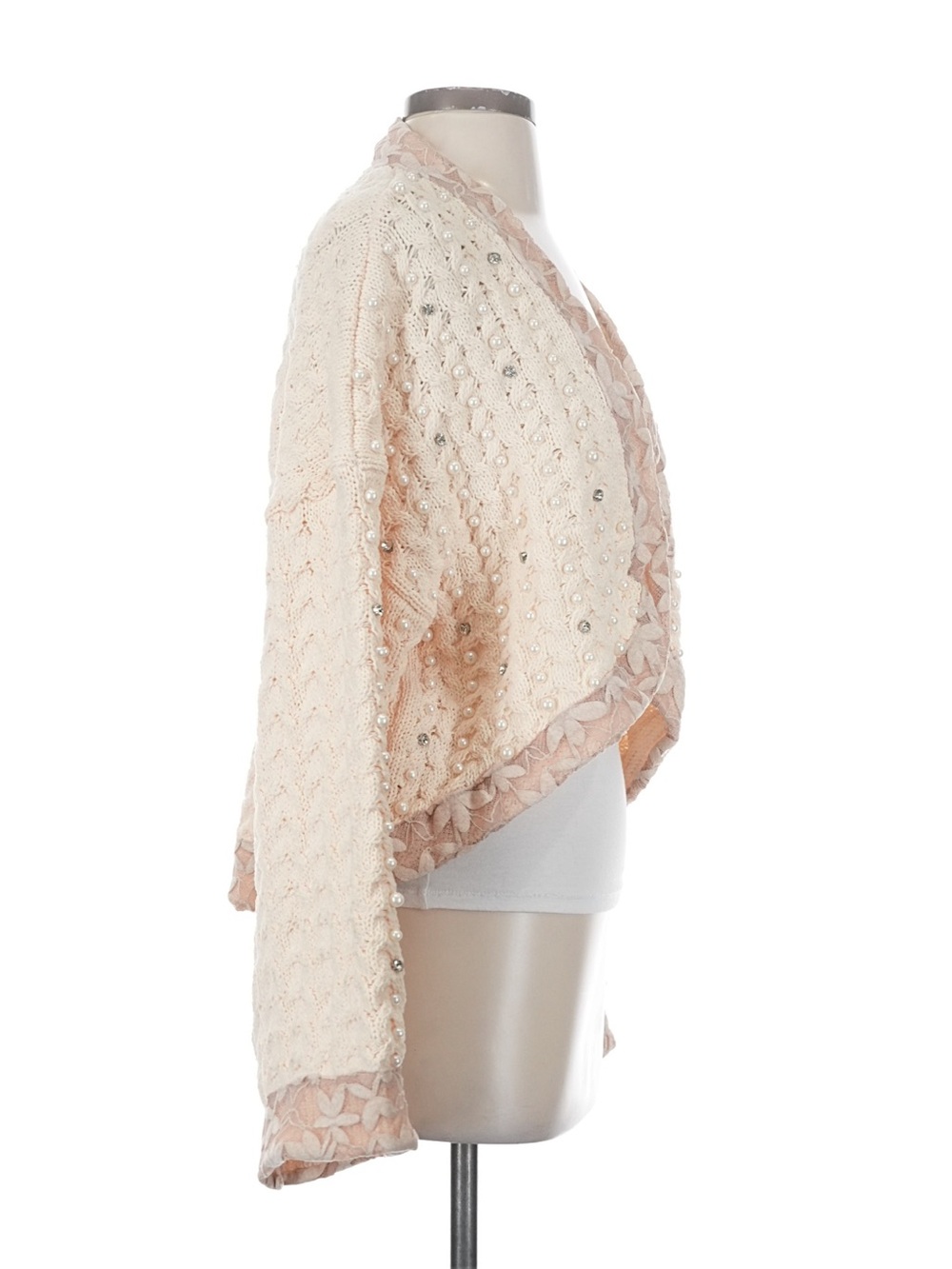 New: POL Boho Cream Beaded Chenille Crochet Knit Open-Front Lace Trim Cardigan•S - Picture 9 of 9